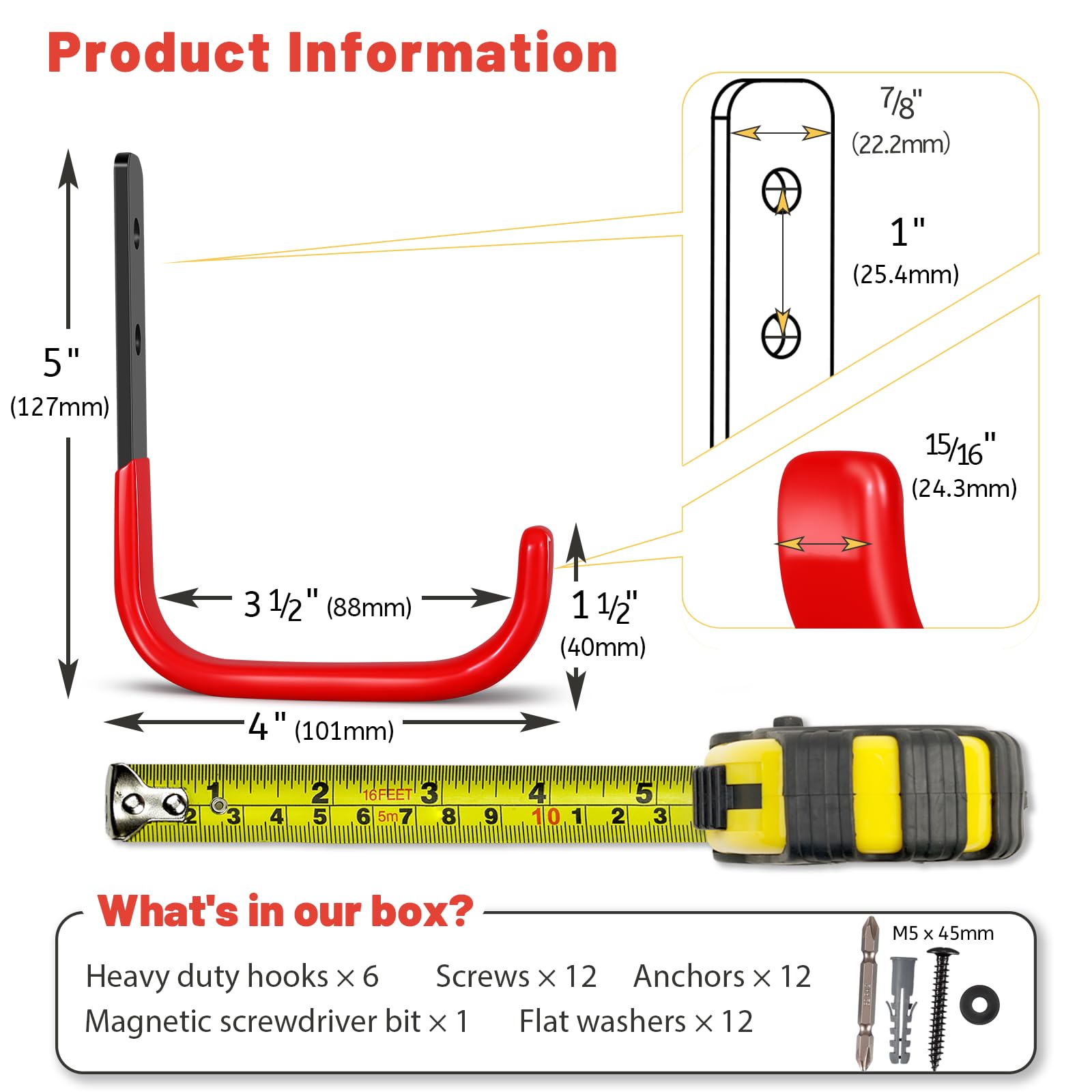 SunVFaFa 4 Inch Garage Hooks, 6 Pack Heavy Duty Wall Hooks
